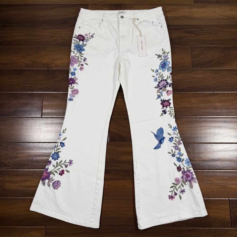 Driftwood Women's Size 32 White Floral Bird Embroidered Farrah Flare Leg Jeans